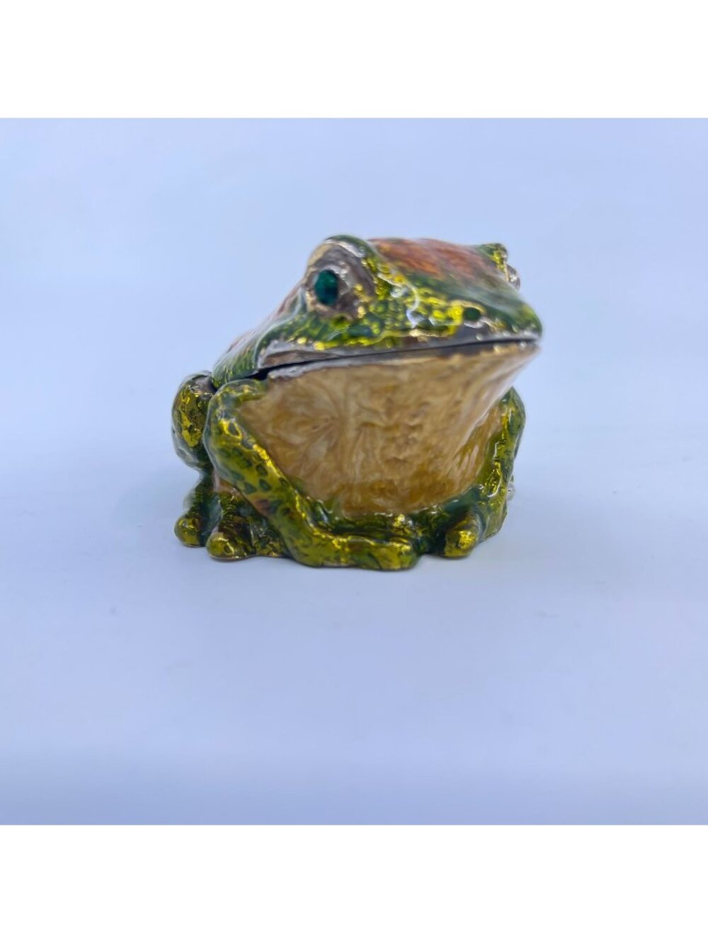 vintage enamel frog trinket box with hinged lid green & orange detailing